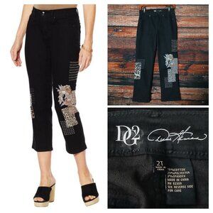 DG2 Diane Gilman Pants Size 2 Tall Embroidered Patchwork Crop Capri Black Jeans